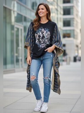 TESLA Reworked Band Tee Poncho Style Pockets Oversized Granny D Original OS